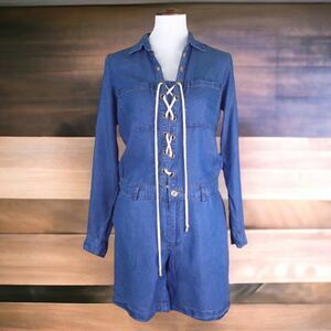 NWT Michael Kors Sexy Tie Up Chambray Denim Lyocell Blue Shorts Romper Sz Small